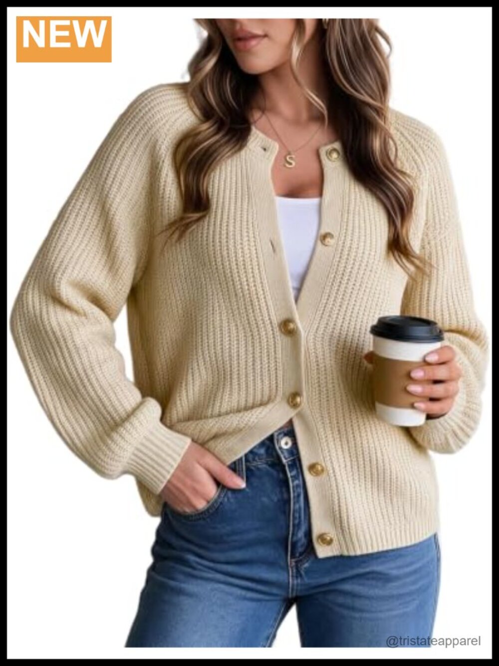Women's Chunky Knit Cardigan Long Sleeve Lantern Sleeve Crewneck Warm Winter